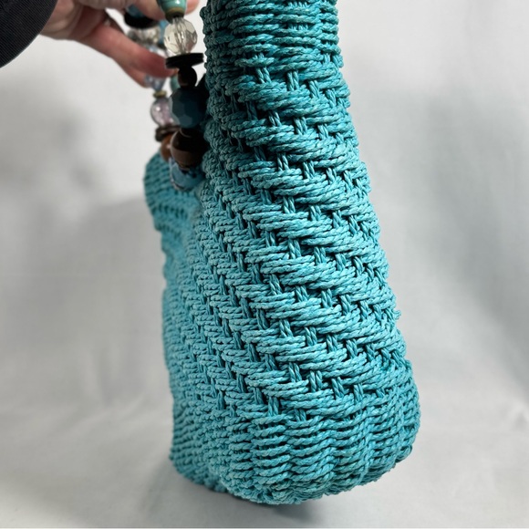 Poppie Jones blue woven straw bag with‎ beaded handles - Picture 3 of 12